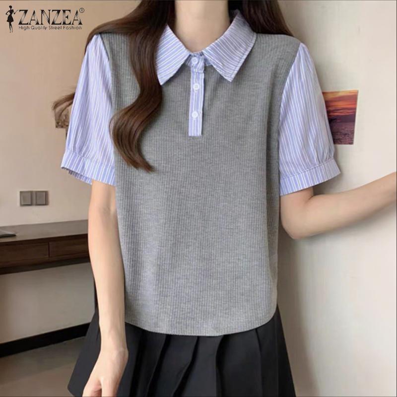 ZANZEA Bluză casual de vară cu mânecă scurtă pentru femei, cu patchwork cu dungi