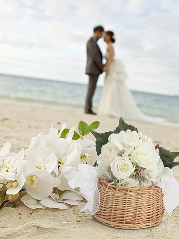 Ein Korb aus Weidenrattan für Blumenkinder mit Perlengriff und Schleife Handgeflochtener Osterkorb Weidenkorb für Hochzeiten (braun)