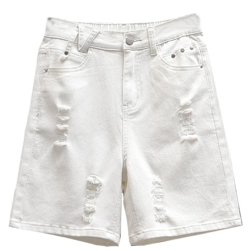 Ladies' Trousers Summer Big Yards Elastic Hole Denim Shorts High Waist Thin Loose Wide Leg Five-minute Trousers