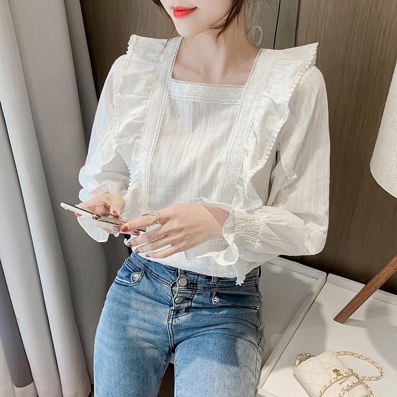 

Винтажная блузка с квадратным вырезом и пышными рукавами для женщин, модная кружевная приталенная элегантная шифоновая рубашка, женские топы, свободные простые офисные женские белые рубашки 24456 2XL белый