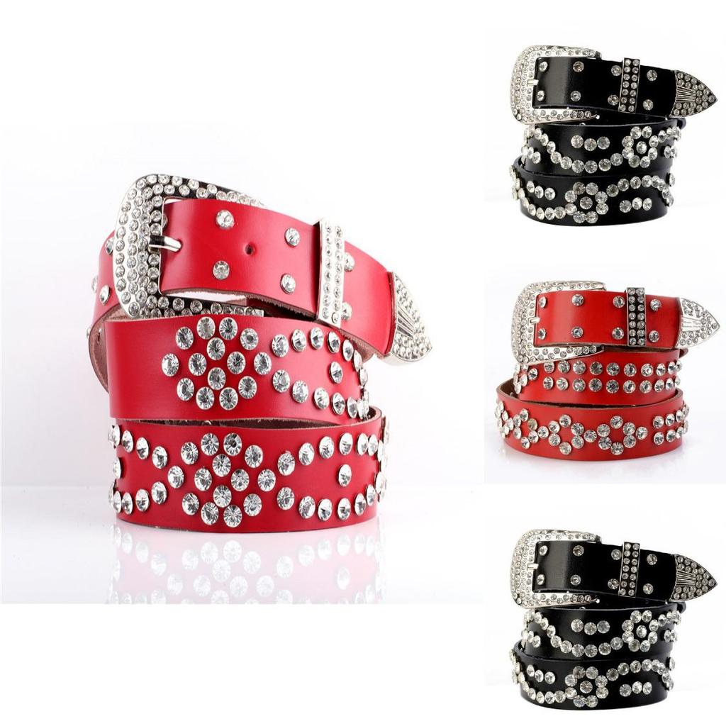 Fashionable Leather Belt For Women With Rhinestone Pattern And Adjustable Pin Closure