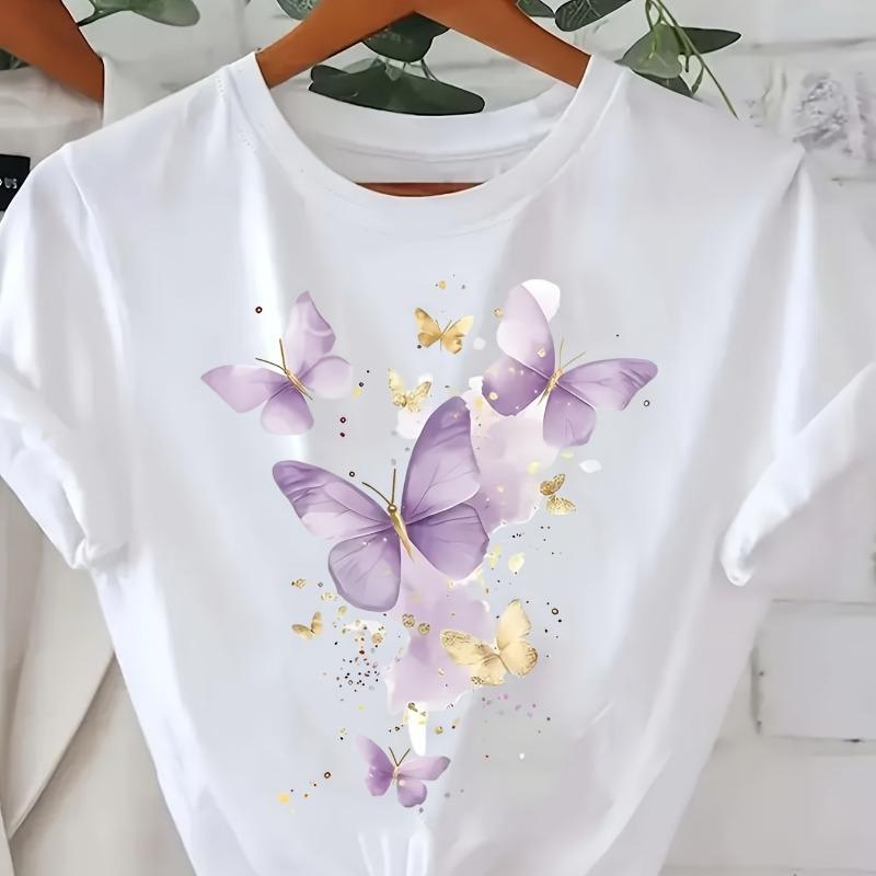 

Elegant white T-shirt with sparkling purple butterfly pattern, casual crew neck, slightly stretch fabric, suitable for all seasons, loose fit T-shirt S