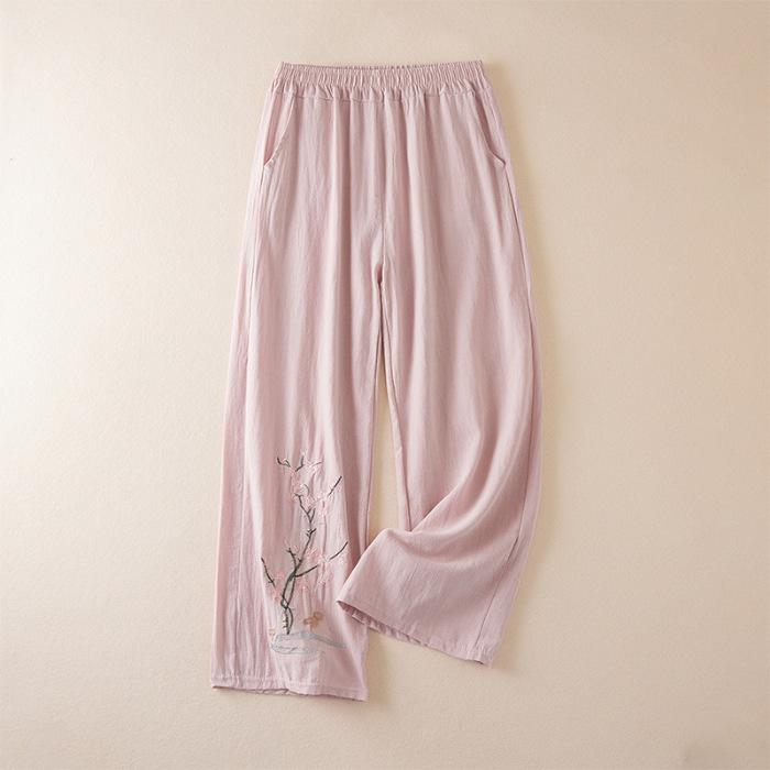 Übergröße Chinesischer Stil Baumwolle und Leinen Hosen Sommer Ethno-Stil Bestickte Freizeithose Retro Weitbein Lockere Hose für Damen