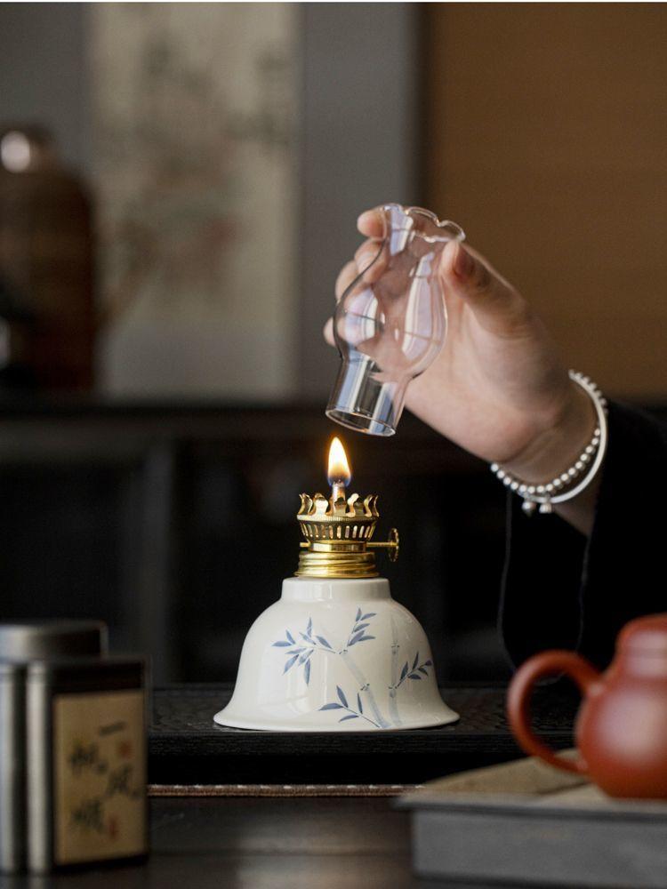 Hand Drawn Floral Retro Kerosenes Lamp Large Capacity Ceramic Butter Lamp Holder Chinese Style Study Bedroom Night Oil Lamp