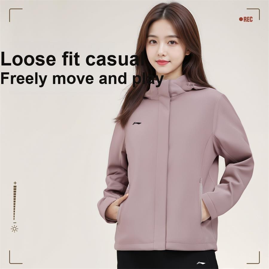 Li Ning Logo de Marca Minimalista Sudadera con Capucha Estilo Holgado Ropa Exterior para Mujer AFDVJ56-2