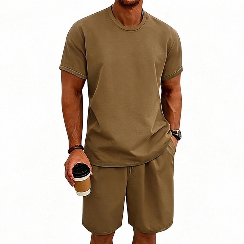 Men's Color Sports Casual Round Neck Short Sleeve Shorts Set