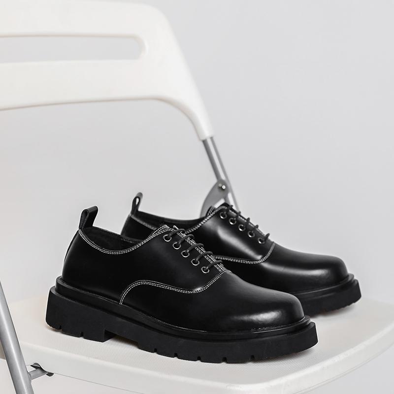 Men Genuine Leather Derby Shoes Male Square Toe Lace Up Platform Flats Business Dress Shoes Formal Wedding Footwear