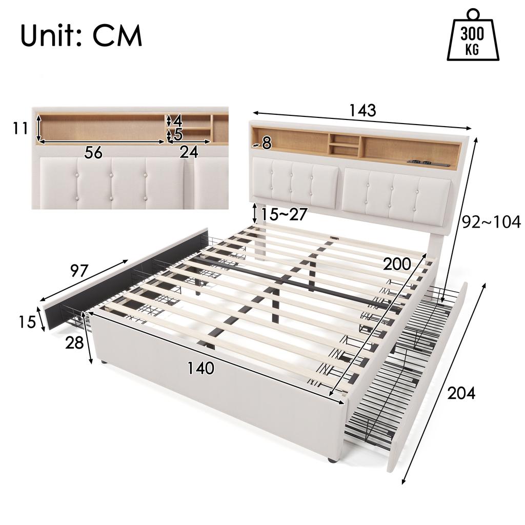 Double Bed with 4 Drawers & USB C Socket, Upholstered Bed 140x200cm, Height-Adjustable Headboard, Wooden Slatted Frame (With Mattress)