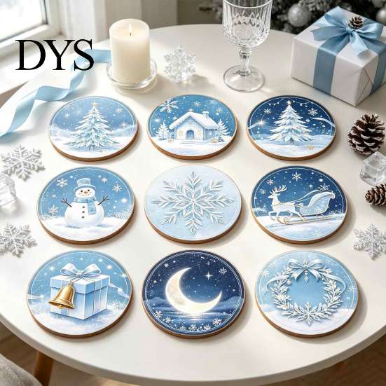 Kitchen Dining Table Accessories 9Pcs Christmas Wooden Coasters Set, Heat Resistant Cup Mats, Waterproof Pads for Round Protection Mats Home