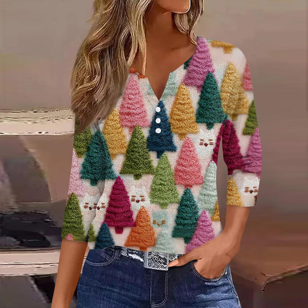 Damenmode Lässig Halloween Bedruckt V-Ausschnitt Kurzarm Zierknopf Dreiviertelarm T-Shirt Top