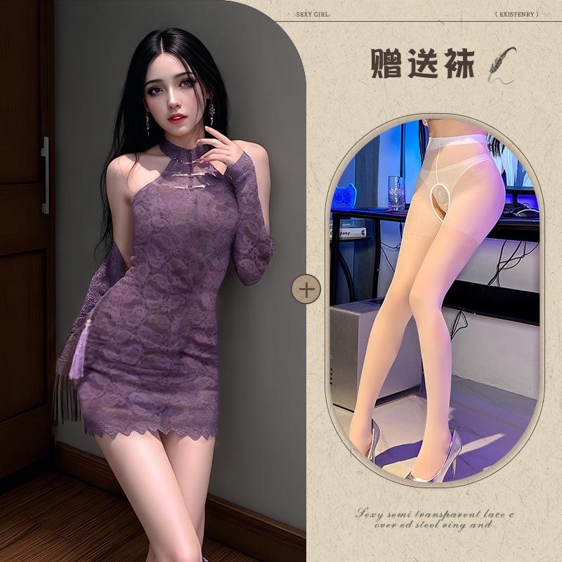 Sex underwear sexy off-the-shoulder cheongsam new Chinese buckle lace slim fit pure desire purple shawl