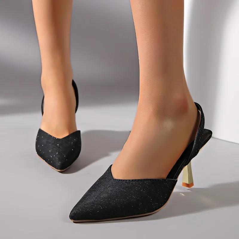 New Womens Sandals Fashion Pointed Toe Slingback Shoes Shallow Slip-on Elegant Color Party High Heels