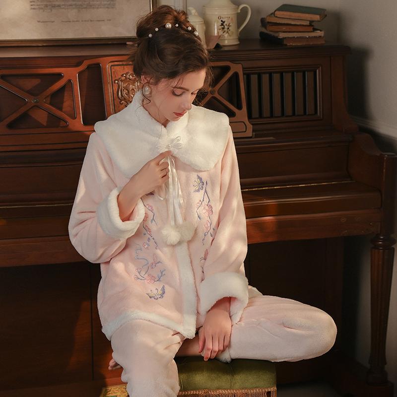 Women’s Plush Sleeping Suits Sexy Thick Velvet Embroidered Outer Robe and Pants Lounge Pajamas Comfortable Clothing