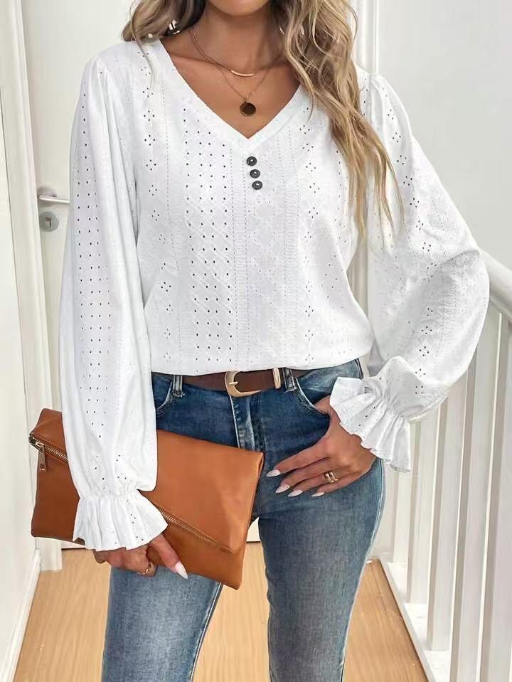 Women's V-Neck Long Sleeve Top with Decorative Buckle - Solid Color, Perfect for Spring & Summer Casual Wear.
