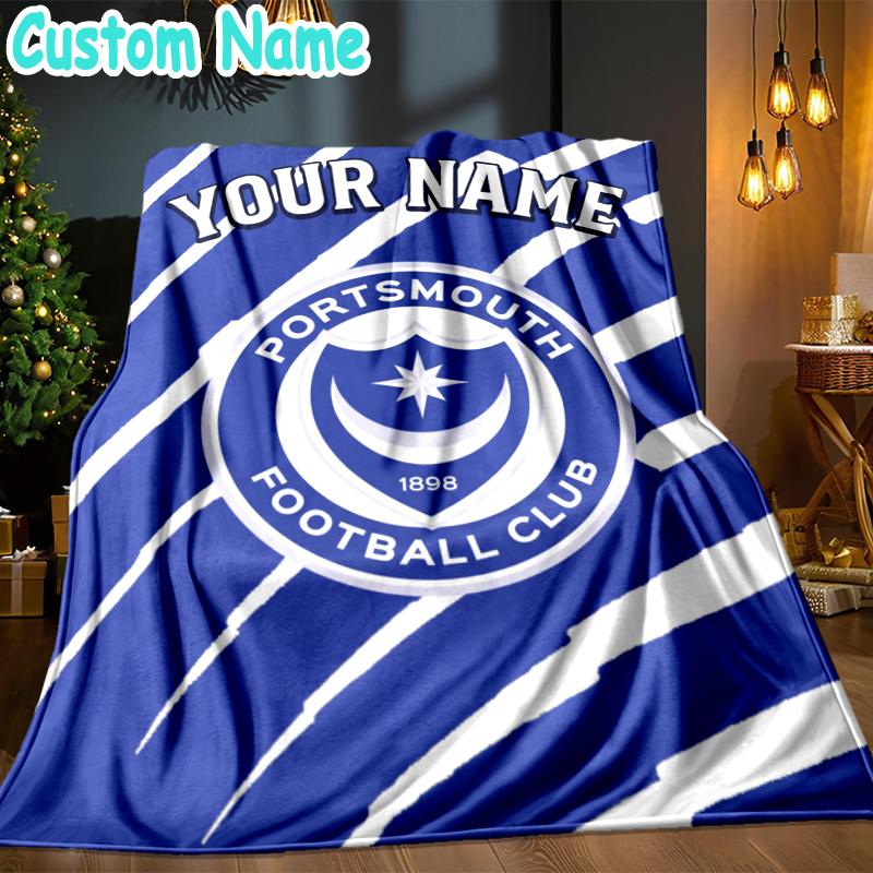 Custom Name Portsmouth Football Club Throw Blanket - Perfect for Couch, Bed, Office, and outdoor Travel - Ideal Gift for Christmas & Holidays