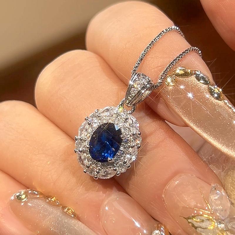 Huamei Jewelry Set Light Luxury Blue Spinel Color Treasure Earrings Necklace Ring Simple Women'S