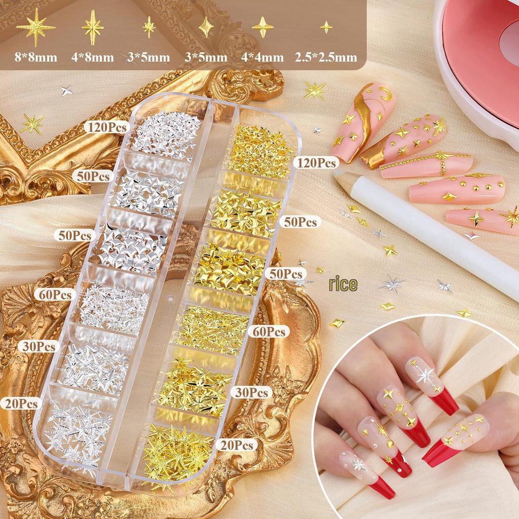 Japanese Style Starry Sky Metal Nail Art Rivets In Gold & Silver - DIY Non-Fading Nail Accessories with Rhinestone Inlays