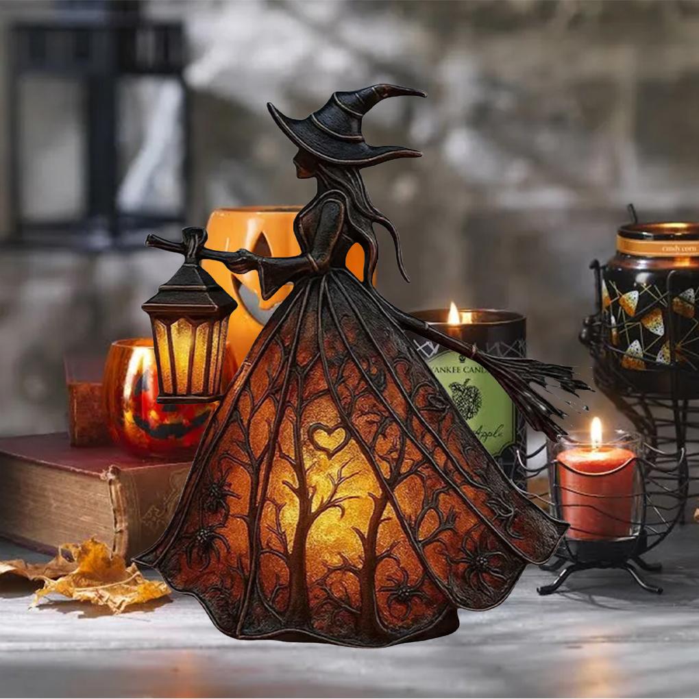 2025 Neue Harz Halloween Hexe mit Besen und Laternenlicht, Desktop Leuchtende Deko für Indoor Party, Gruseliger Heim Festival Akzent