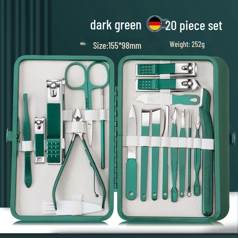26-Piece Dark Green Stainless Steel Manicure Set: Nail Clippers, Scissors, Dead Skin Clippers, and Tools.