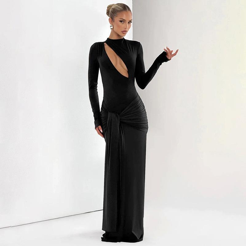

Autumn new solid color sexy slim-fitting hollow hip skirt European and American style streamer temperament long-sleeved dress L чорний