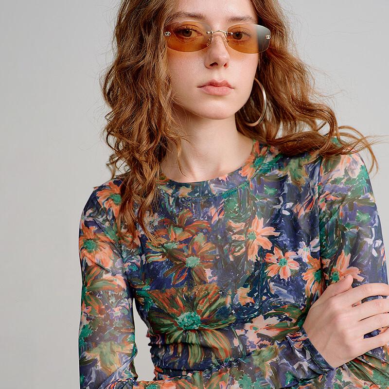 Chuyu Women's Mesh Print Long-Sleeve Top
