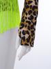 Women Latin Dance Leopard Bodysuit Matching Oversleeve Tassel Detail Front Keyhole Backless Hollow Out Waist Buttoned Crotch Leotard for Tango Cha Cha