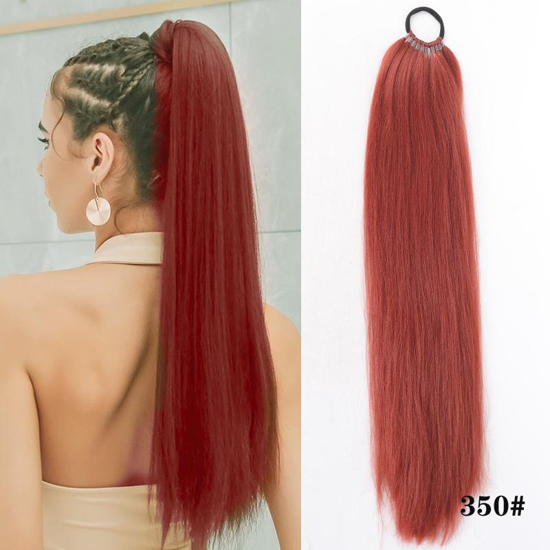24 Inch Yaki Straight Synthetic Ponytail Hairpiece with Wrap Around Puff  Elastic Band  Natural Look Hair Extension for Women