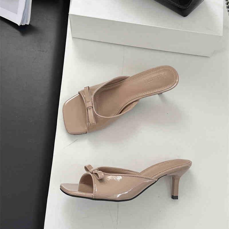 

Летние женские шлепанцы на высоком каблуке с квадратным носком, модные шлепанцы для платья с бабочкой, женские вечерние сандалии 35 абрикосовый
