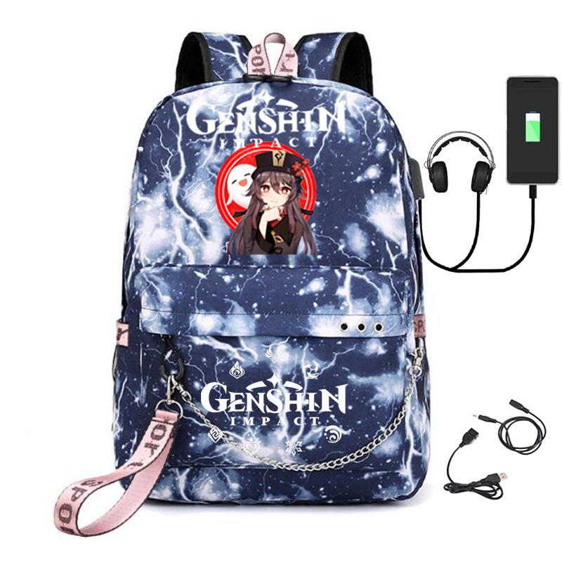 Harajuku Jugendliche Schultaschen Unisex Genshin Impact Reisetaschen USB-aufladbar Oxford Wasserdicht Notizbuch Schulterrucksäcke