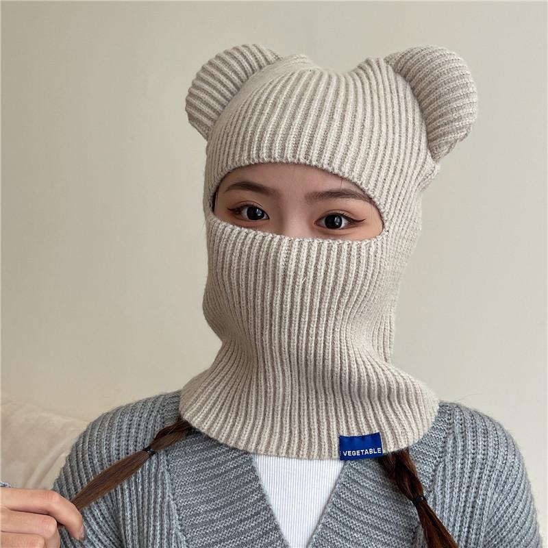 Cappello Pullover di Lana Autunno e Inverno Bambini Orecchie d'Orso Cappello Termico a Maglia Copricapo Antivento per Equitazione all'Aperto Sciarpa Integrata