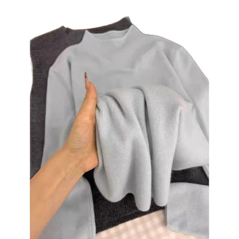 Women's Soft Milk Color Knitted Slim-Fit Sweater, Semi-High Neck, Long-Sleeved, Autumn Design.