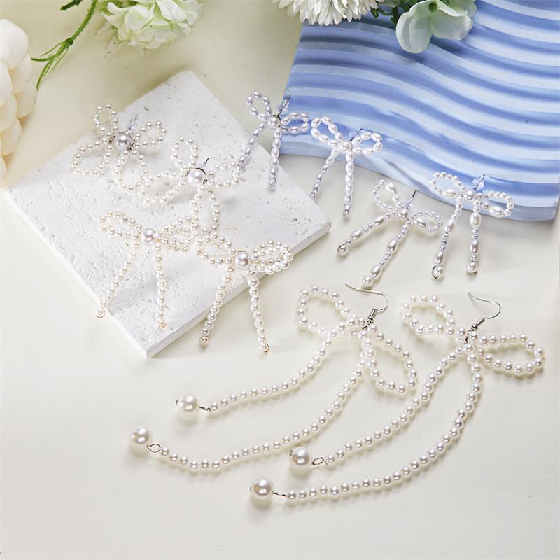 Vintage Imitation Pearl Bowknot Drop Earrings for Women Handmade Beads Long Hanging Earrings Girls Party Wedding Jewelry Gift