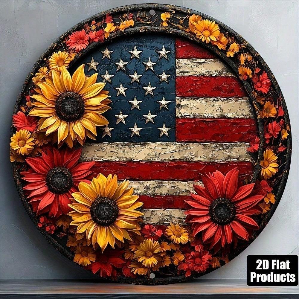 American Flag Sunflower Round Metal Wall Art 8x8 Inch Patriotic Aluminum Sign For Home Kitchen Bar Office Decor