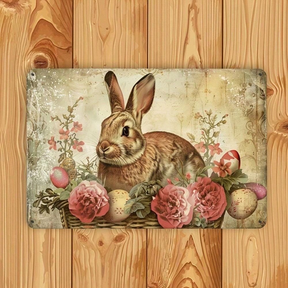 

Vintage Easter Metal Poster, Rabbit Flower Heavy Plate Wall Decor for Farmhouse