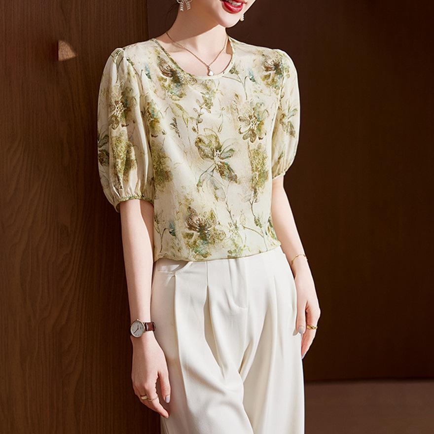 

Женская летняя футболка из принтованного шелка, новая, с коротким рукавом, дизайн из шелка тутового дерева, свободный топ, трендовый XXL