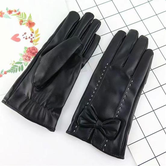 Women Faux Leather Gloves Fleece Lined Touch Screen Gloves Warm Winter Gloves with Bows for Driving Commuting Dating