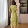Summer Chiffon Wavy V-neck Bubble Sleeve Dress for Women's Fashion Breathable Slim A Word Medium and Long Dress