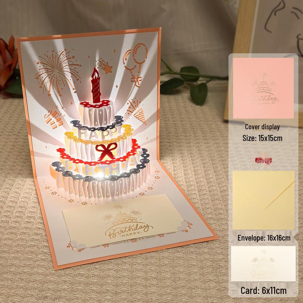 Dźwiękowa kartka urodzinowa 3D Pop-Up ze światłem do nagrywania - Wzór tortu na prezent dla chłopaka/dziewczyny