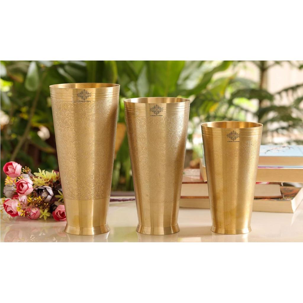 Brass Lassi Glass with Embossed Design, Drinkware & Serveware for Lassi, Milk, and Water,