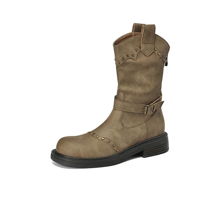 Moda Outono Inverno Couro Dividido Botas Femininas Moda Rebite Bico Redondo Sapatos para Mulheres Botins Mulher Salto Baixo Botas Western