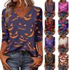 Women Casual V Neck Top Halloween Print Three Quarter Sleeve Lightweight Blouse Loose Fit Pullover Shirt for Fall Season