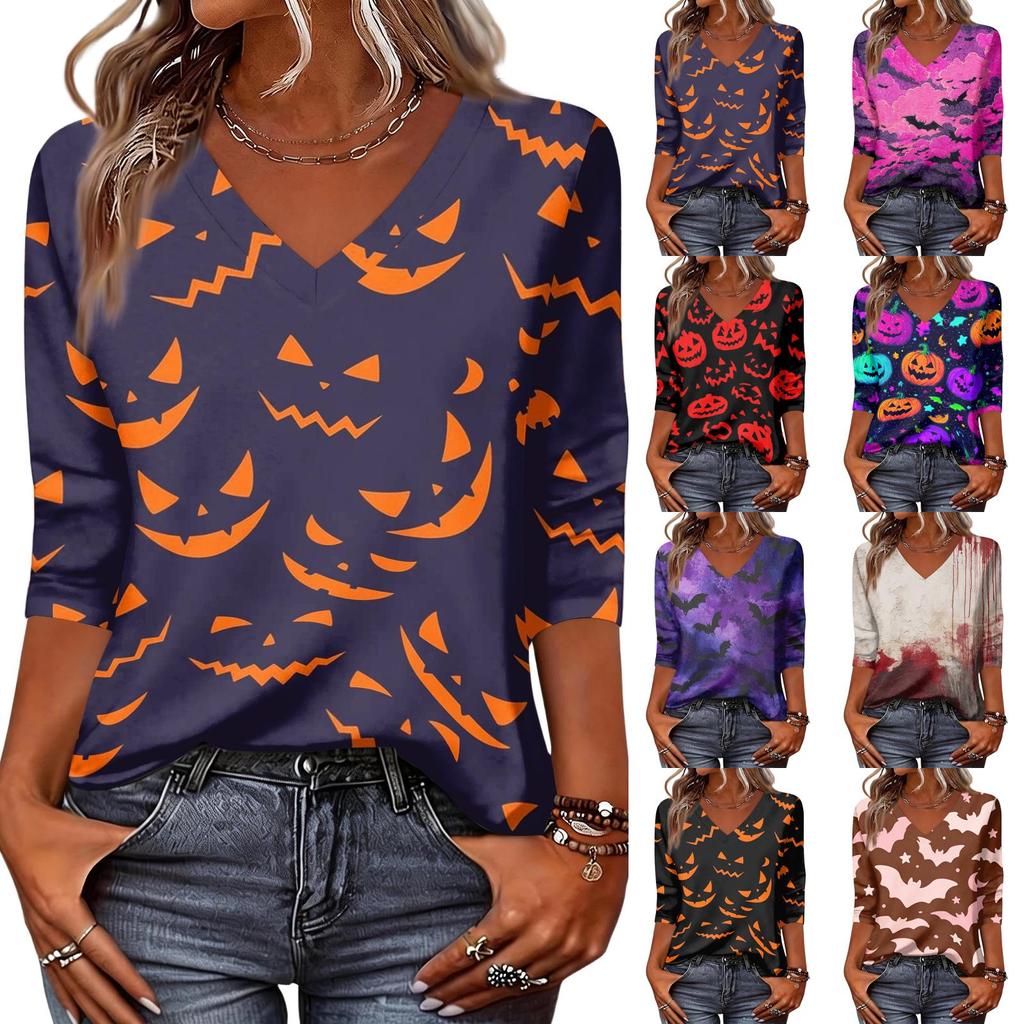 Damen Freizeit V-Ausschnitt Oberteil Halloween-Print Dreiviertelärm Leicht Bluse Lockerer Schnitt Pulloverhemd für die Herbstsaison