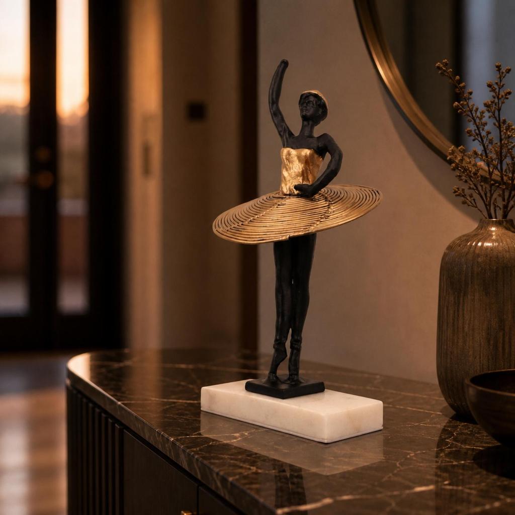 Metal Ballerina Statue with Rectangular Base Golden Dress for Bedroom