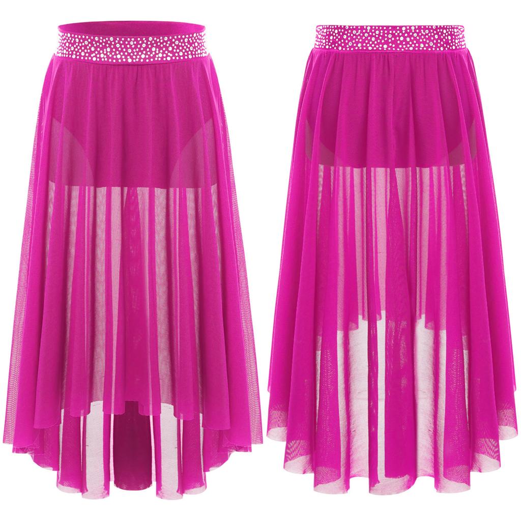 Girls Lyrical Contemporary Modern Dance Skirts Shiny Rhinestones Waistband Side Slit High Low Irregular Mesh Skirt Performance Costume