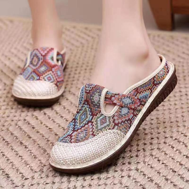 Sommer alte Peking Stoffschuhe Tasche Kopf Hausschuhe atmungsaktive Damenschuhe Leinen Halbschuhe weiche Sohle bestickte Stoffschuhe