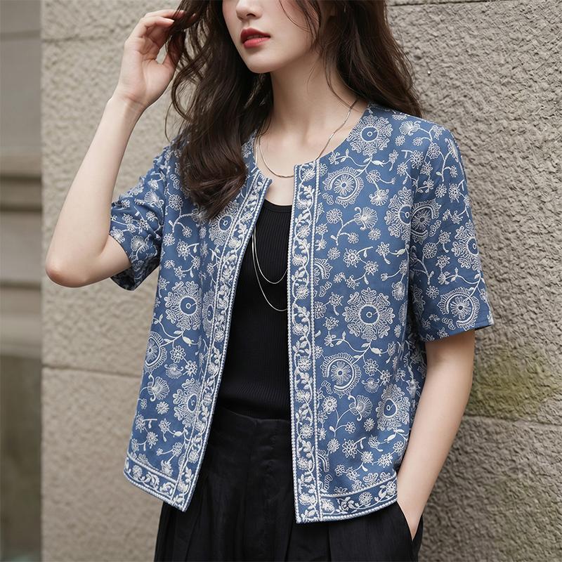 ZANZEA Women Retro Print Casual Round Neck Short Sleeve Open Front Cardigan Tops