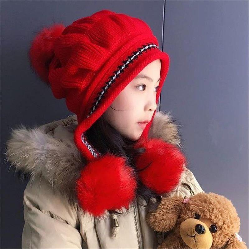 Kuz Qish Bolalar Chiroyli Qizlar Malika Shlyapalari Peluş Iliq Trikotaj Quloqni Himoya Qiluvchi Shlyapa Pompon bilan