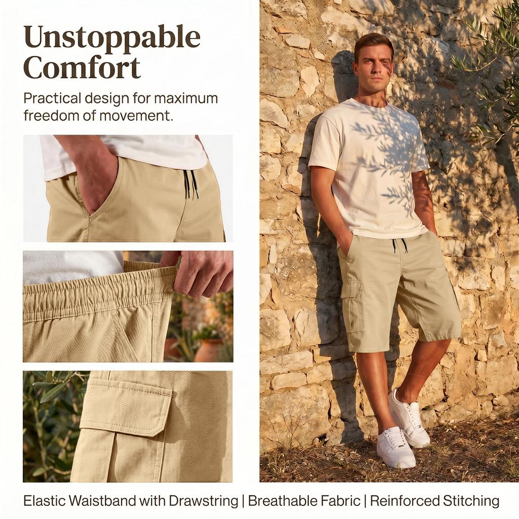 Men's Elastic Waist Cargo Shorts Adjustable Belt Multiple Pockets Casual Style Suitable for Hiking Worksite Summer Wear