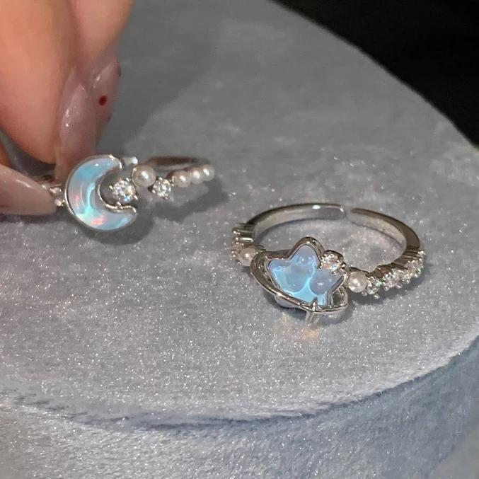 PONYKISS  Sterling Silver Star Moon Pearl Zircon Rings for Women Romantic Fine  Minimalist Opening Accessories