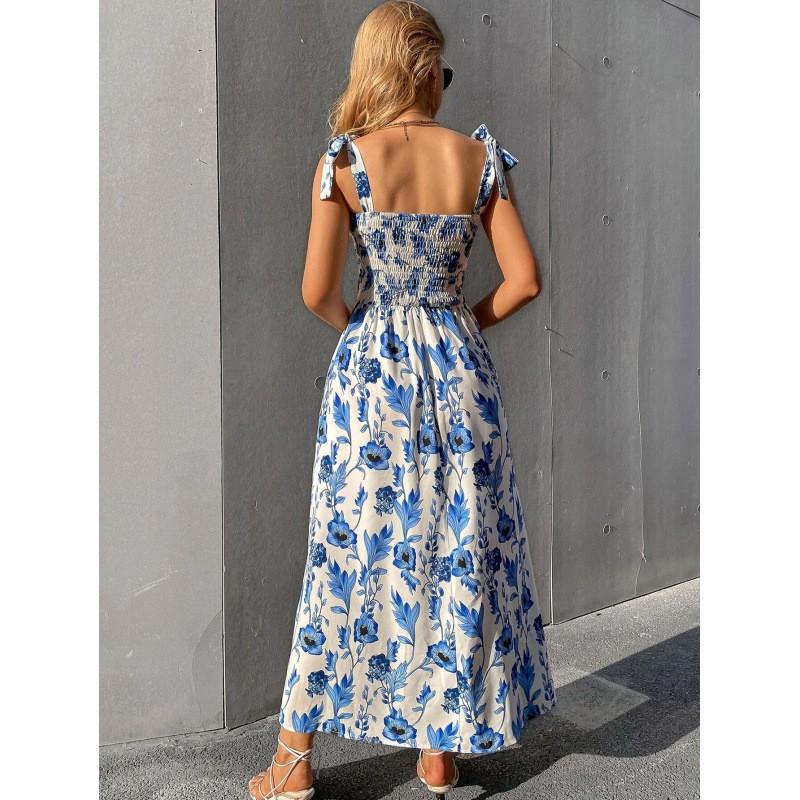 Womens Floral Print Sleeveless Maxi Dress With Elastic Waist Street Style 2026